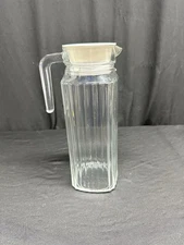Vintage ARC Clear Glass Ribbed Square Juice Milk Water Carafe Pitcher Lid France