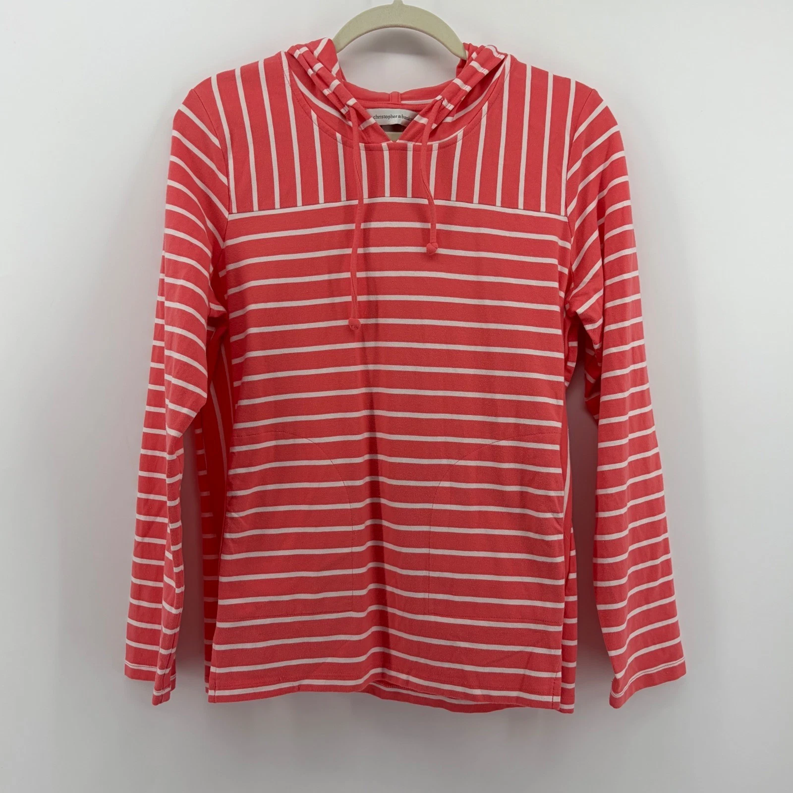 Christopher & Banks Hoodie Coral White Womens Medium Striped Cotton Long Sleeve