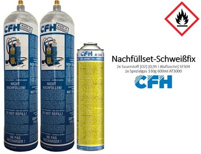 CFH Ersatzdosen Schweißfix 2x Sauerstoff Stahlflasche 1x Spezialgas AT3000 Set