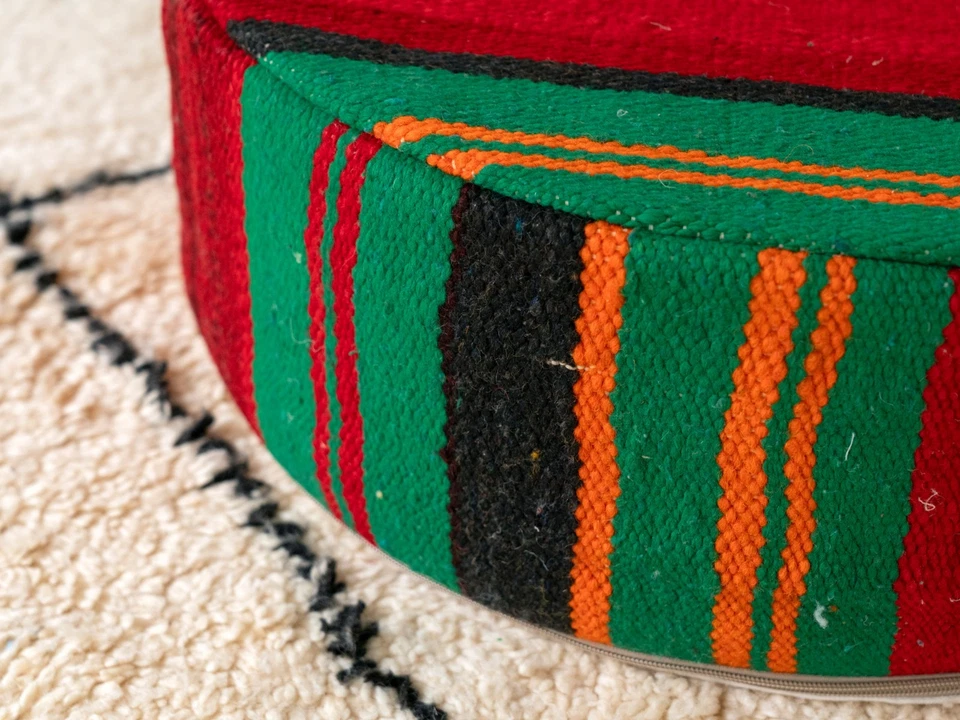 20x20 Moroccan Handmade Pouf Berber Kilim Rug Green and red Floor Cushion - Image 4 of 4