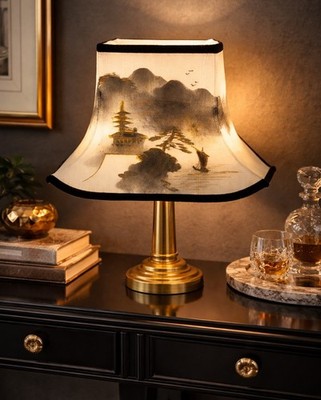 Pagoda Style Lamp Shade Hand Painted Zen Mountain Mist Vintage Mid