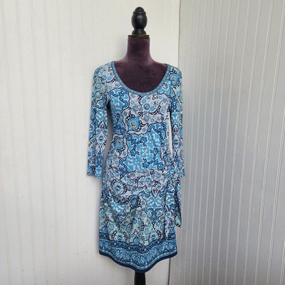 Max Studio Women's Blue Black Paisley Stretch 3/4 Sleeve Dress Tie Rutch Sz L