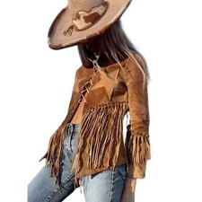 Boho Western Cowgirl Star Suede Leather Fringe Jacket / Coat, 70s Hippie Outfits