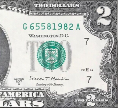 G 6558 1982 A : TRAILING YEAR 1982 $2 Two Dollar Bill Serial