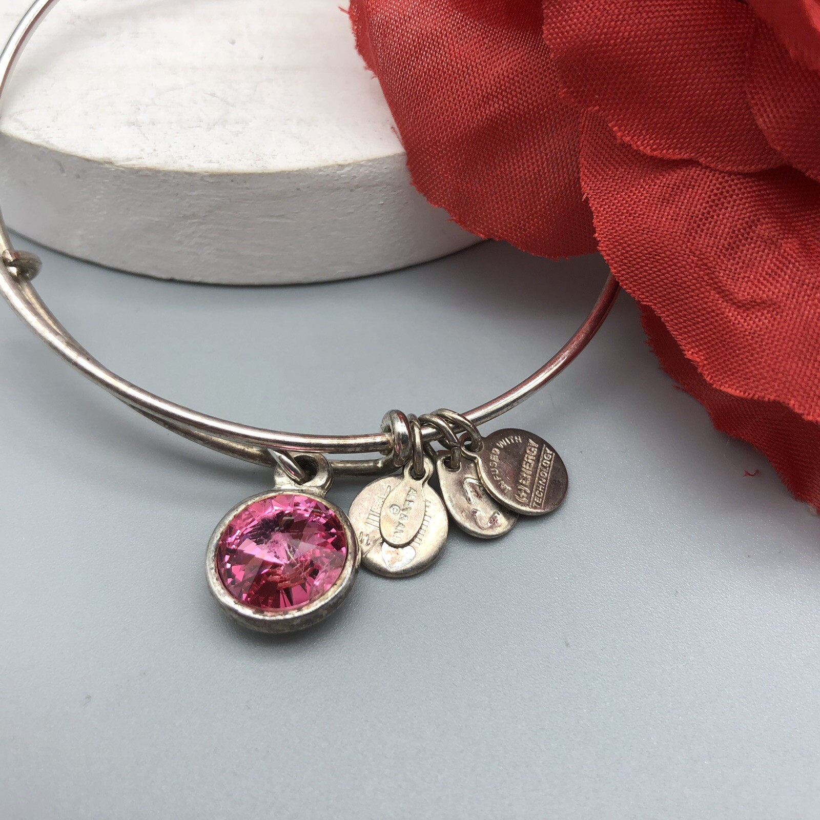 Signed Alex and Ani Charm Bangle Bracelet Silver Tone… Gem