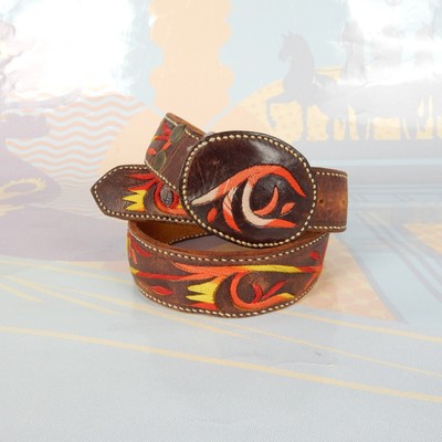 Ceinture vintage brodé embroidery Mexico usa western belt chic feu flame fire