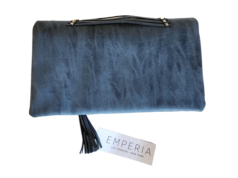 Cartera sin asas plegable Emperia azul gamuza con adornos metálicos Foto 2 de 4