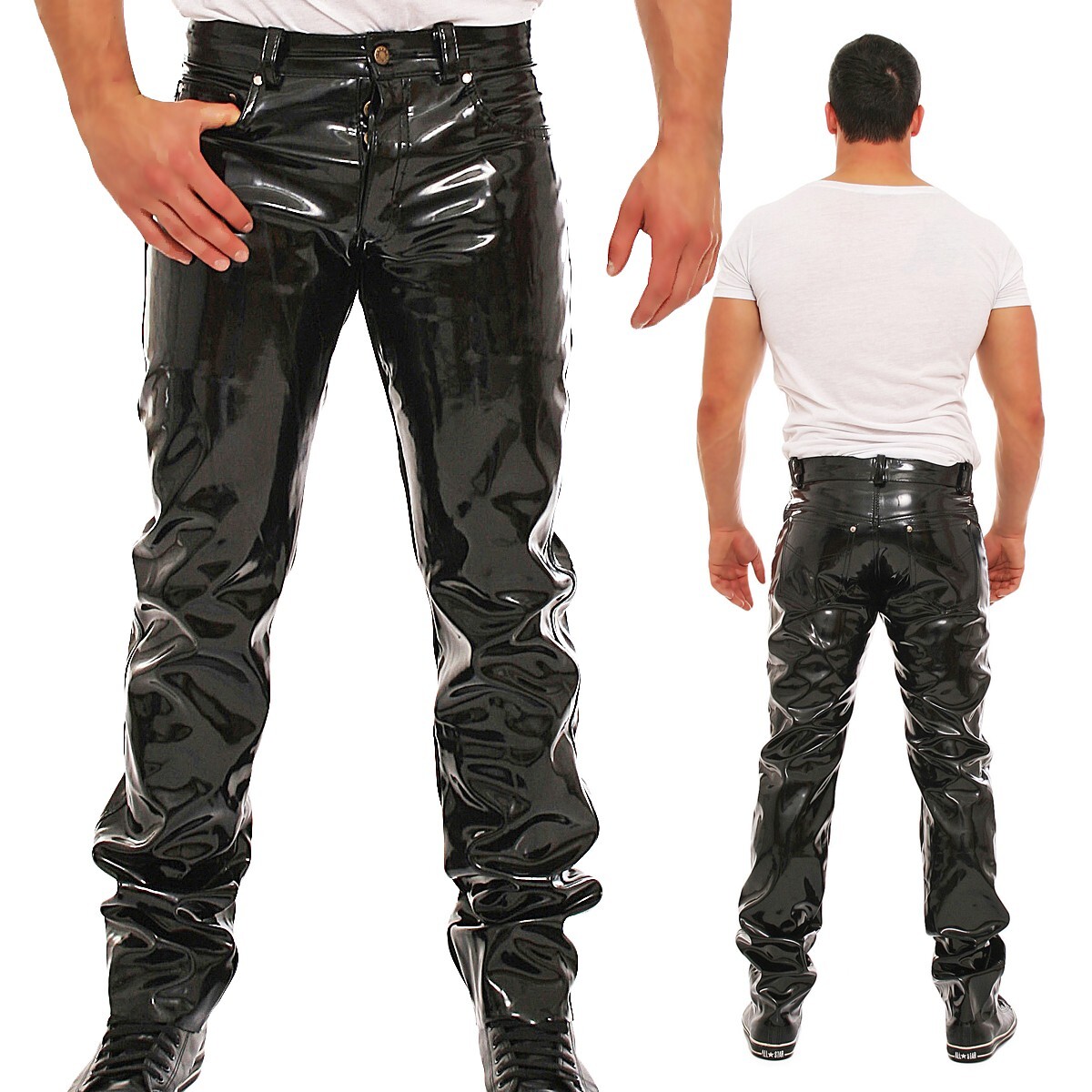 Pantalón lacado en vinilo calidad negro 5 Pocket Style tira de botones en todas las tallas