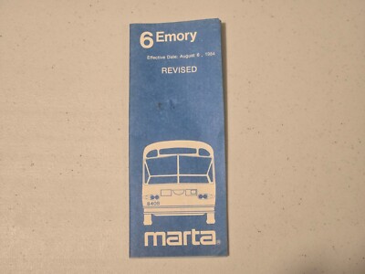 Vintage 1984 MARTA Atlanta Bus Map Schedule Timetable Route 6 Emory