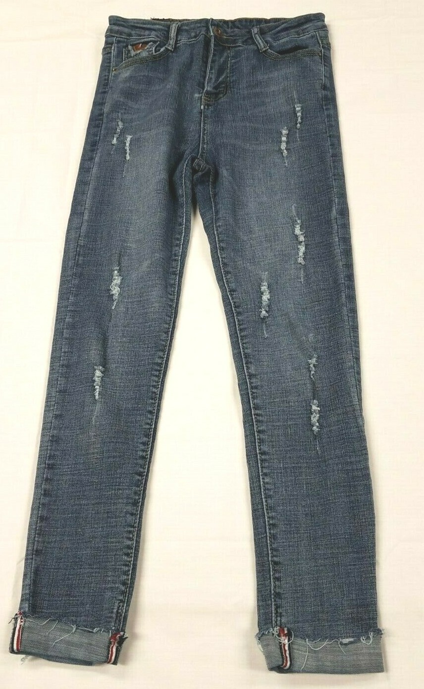 (m) Blue. Distressed. Rolled Cuffs. Cotton/spandex/polyester. Cute.