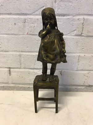 VtgAntique Brass Sculpture After Jean Clara Young Child Girl Standing on Stool