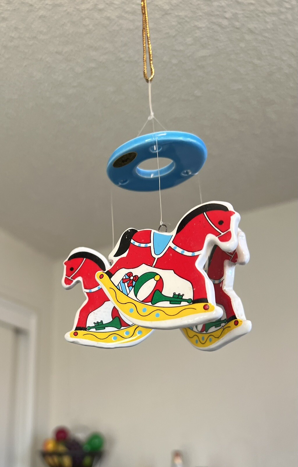 Vintage RUSS 4 Inch Holiday Rocking Horse Porcelain Wind Chime Ornament Unused