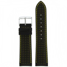 Sport Watch Band Leather Black Yellow Stitching Small Holes 18mm - 24mm