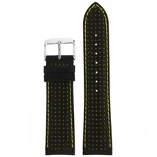 Sport Watch Band Leather Black Yellow Stitching Small Holes 18mm - 24mm 