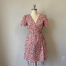 MADEWELL Daisy Mini Wrap Dress Womens S Red Daisy Flower Russet SS V-Neck Boho