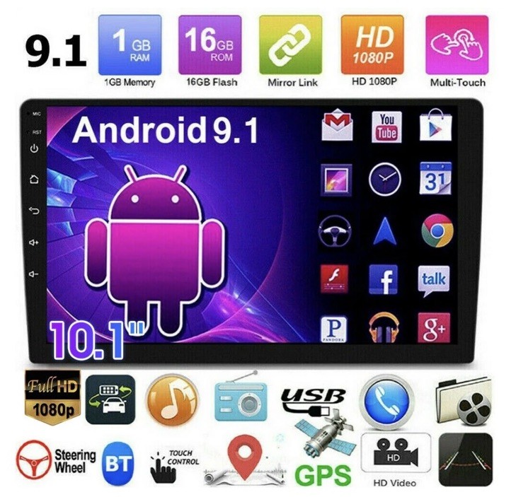 Autoradio 10.1" Pollici 2din GPS Navi Bluetooth USB FM Android 9.1 HD Quad Core - Immagine 1