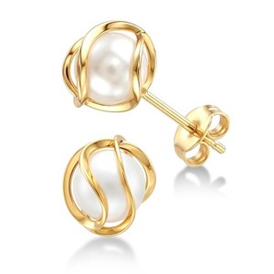 Authentic Charmsy 14K Gold Plated Freshwater Pearl Post Stud Earrings for Women Teen 8 mm