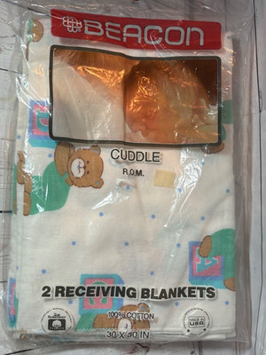NEW/NIP - VTG Pack of 2 Beacon Cuddle Cotton ABC Bear Print Receiving Blankets