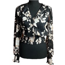 Ruched Black Floral Long Sleeve Blouse
