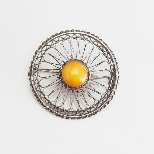 Piccola spilla modernista in ambra e argento sterling - Italia
