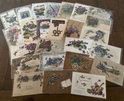 Lot of 25 Greetings Floral Postcards with Purple Violets Flowers~in Sleeves~p559