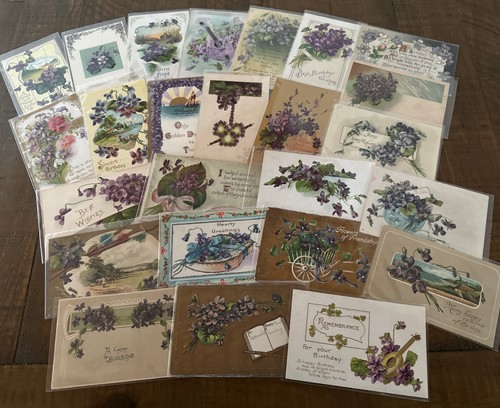 Lot of 25 Greetings Floral Postcards with Purple Violets Flowers~in Sleeves~p559