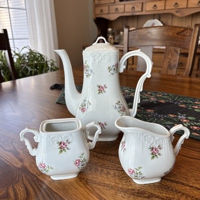 Princess House Porcelain Rose Garden Tea Pot w/Lid Creamer & Sugar Bowl (no lid)