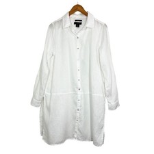 Tahari White 100% Linen Button-Down Tunic Shirt Dress Size L Costal Minimalist