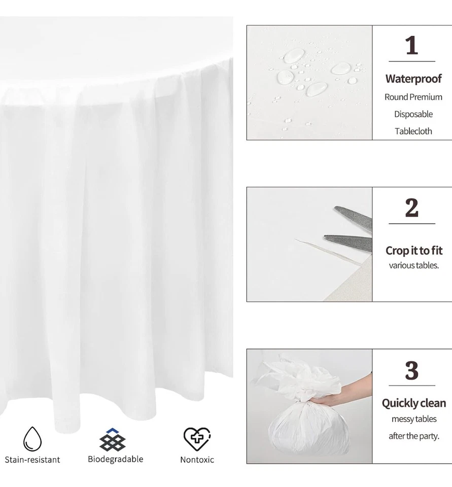 12 Pk- Plastic Round Tablecloth 96" White Disposable Round Table Cover 96" X 96" - Image 4 of 4