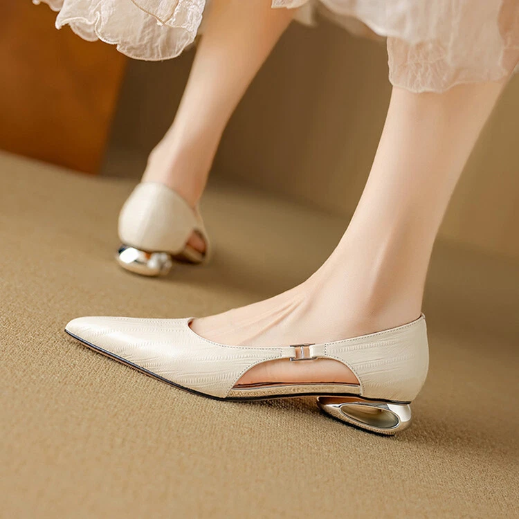 Zapatos de salón sin cordones de cuero real con punta en punta para mujer tacón bajo OL hueco Foto 3 de 4