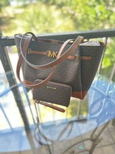 Michael Kors Reed Large Tote Shopper Shoulder Handbag Purse Bag Brown+Wallet