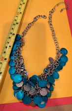 VTG Flat Disc Acrylic Faux Turquoise Silvertone Bib Necklace BOHO Statement