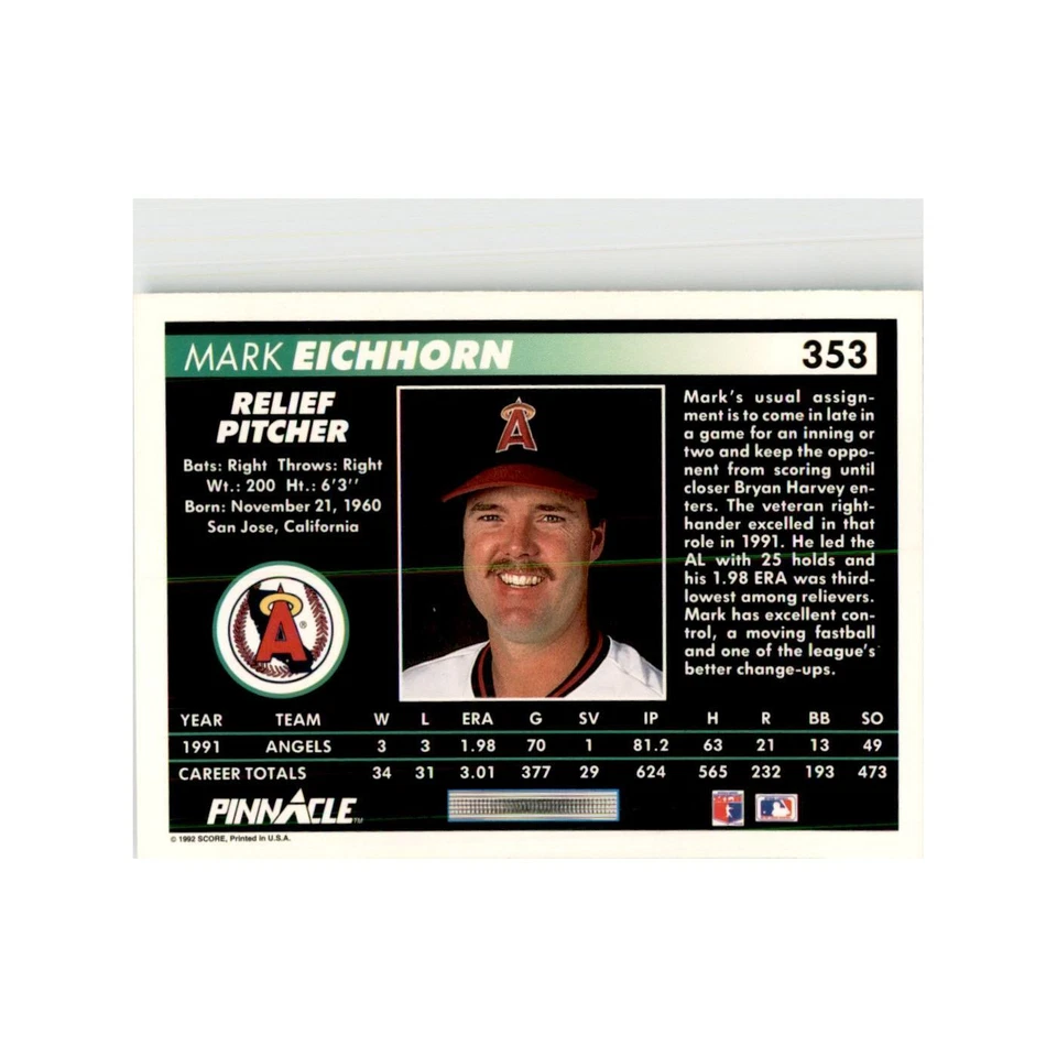 1992 Pinnacle Mark Eichhorn Baseball Cards #353 - Image 2 of 3