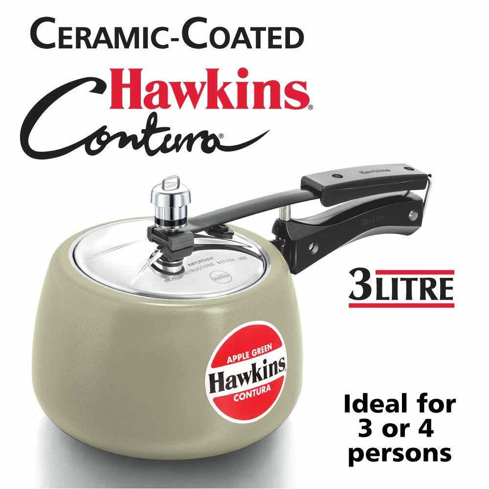 Hawkins Contura Ceramic Coated Pressure Cooker, 3 litres, Apple Green