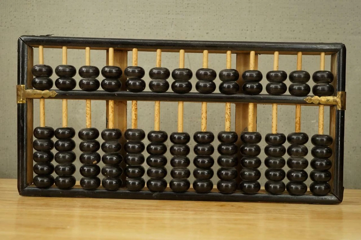 VINTAGE Asian Black Stained Wood Bead Counter Brass Trim ABACUS