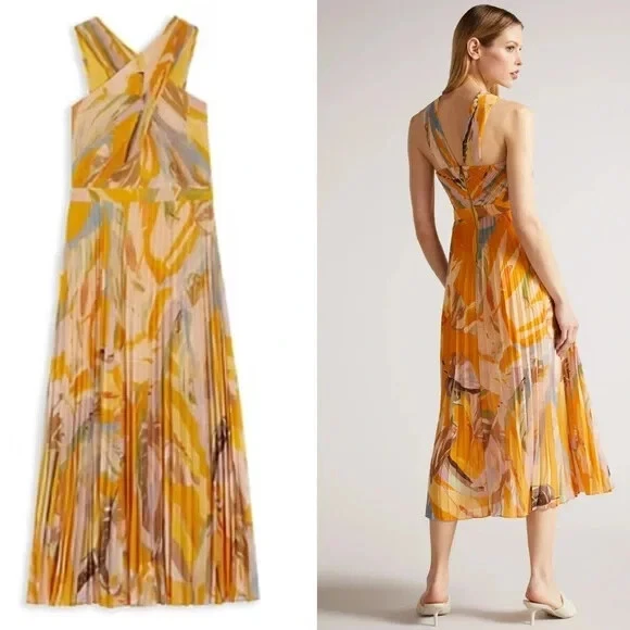 Новый, Ted Baker Ansa крест плиссированные Midi платье желтый темно-оранжевый 1 США 2 #D7842 - Изображение 4 из 4
