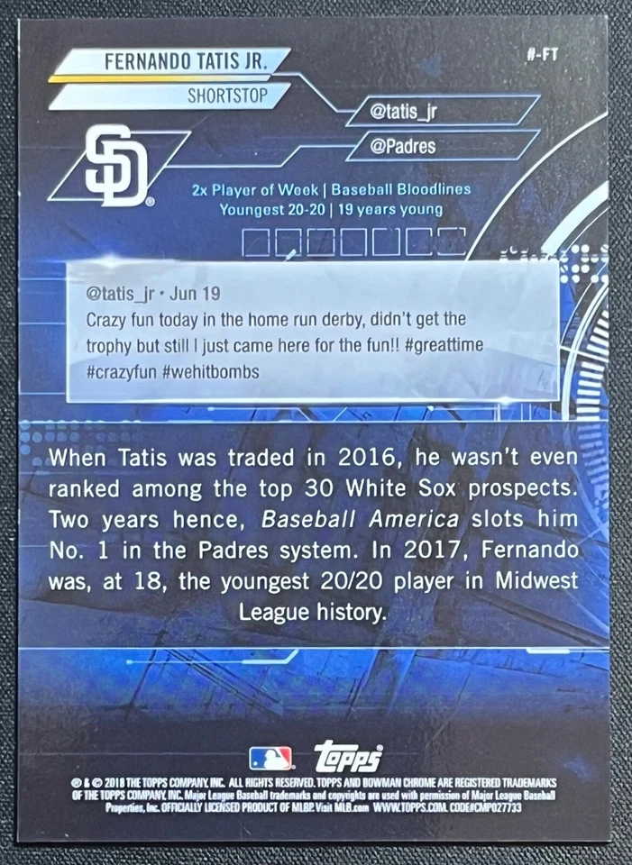 2018 BOWMAN CHROME FERNANDO TATIS JR MOJO ORANGE REFRACTOR TRENDING #11/25 - Image 2 of 2