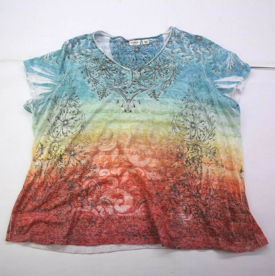 3 CATO Mujeres Multicolor Cuello Redondo Rayas Manga Corta Estampado Top Azul 26/28W Foto 2 de 4