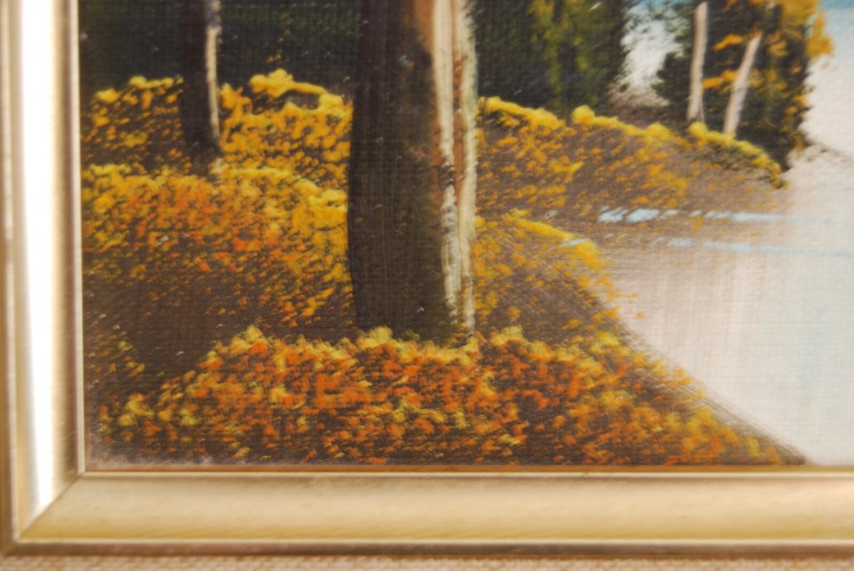 アンティーク絵画　油彩　アメリカ　森林と川　風景画　Antique　ヴィンテージ SMALL VINTAGE 1970'S FRAMED ORIGINAL OIL MOUNTAINS FOREST