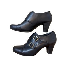 Clarks Bendables 9M Black Leather Monk Strap Buckle Block Heel Booties Shoe