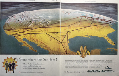 1950 American Airlines Americas Leading Route Map Sun Shine Fly VTG Print Ad