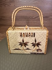 Bamboo Handle Woven Rattan Hawaii Box Style Purse Red Liner Vintage