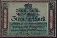 Germany Braunschweig 20 Mark 1918 Vintage WWI Emergency Paper Money Banknote UNC