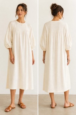 A Piece Apart Puff Sleeve Crewneck Midi Oversize Soft T Shirt Dress Cream Sz XS