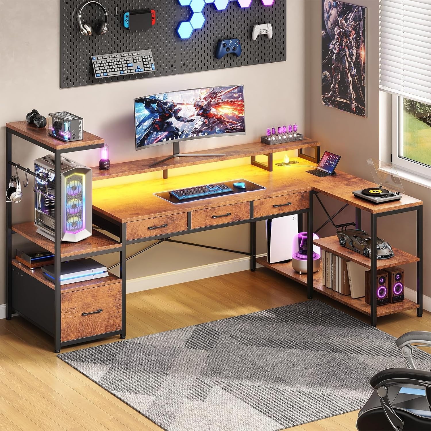 59" L Shaped Gaming Desk with 4 Drawers and LED Lights, Reversible Computer Desk