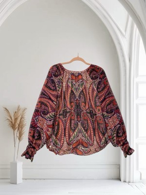 LOFT Top Women s XL Paisley Print Balloon Sleeve Smocked Summer Boho