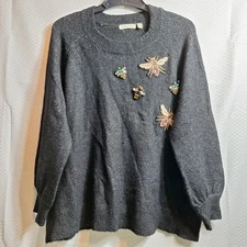 LORALETTE Beaded Embroidered Bee Patch Knit Sweater Sz 1X Black Artsy Boxy Cozy