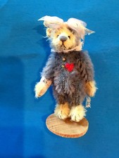 DEB CANHAM "EMMA"MINIATURE WHITE MOHAIR BEAR WITH GREY MOHAIR SUIT -- 3 3/4"