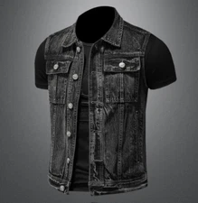 Mens Black Denim Jean Jacket Coat Sleeveless Waistcoat Pockets Button Vest Punk