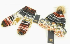 FRYE Marled Chunky Knit 2 PC MITTENS  Pom Beanie Hat Set Womens O/S NWT